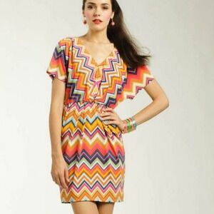 Trina Turk Chevron Redondo Zig Zag Stripe Short Sleeve Colorful Vneck Mini Dress